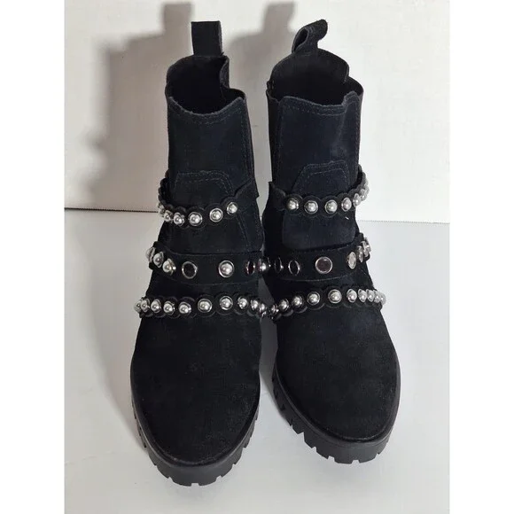 Karl Lagerfeld Paris Black Pia Faux Pearl Studded Suede Ankle Boots Sz 7.5B Goth - Picture 2 of 13